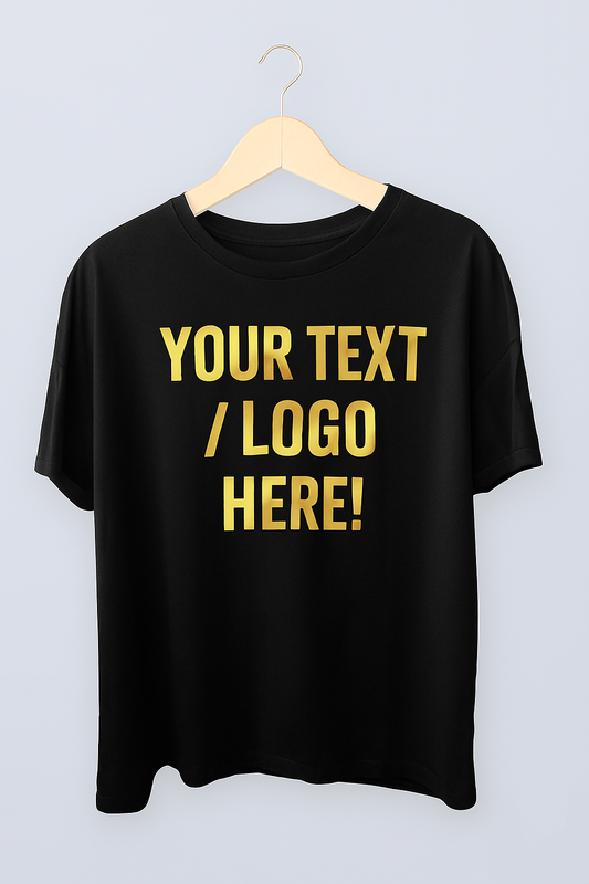 Customized T-Shirt with Reflective Golden Text/Logo – Black Edition