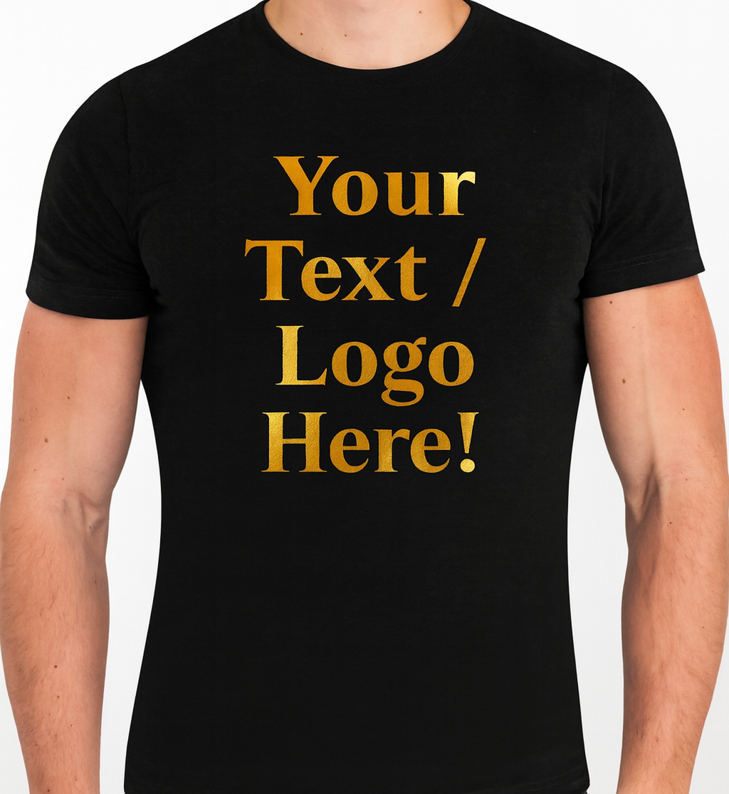 Customized T-Shirt with Reflective Golden Text/Logo – Black Edition